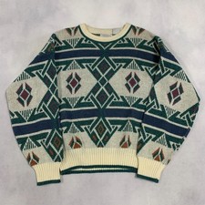 Vintage Knitted Jumper Abstract Patterned Grandad Knit Sweater Men's M