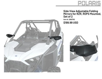 Polaris OEM Side View Adj Folding Mirrors for RZR, ROPS Mounted (2) 2883762