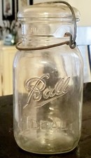 Vintage 1908 BALL IDEAL Clear One quart Mason Jar with Wire Bail and Glass Lid