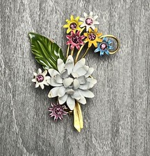 Vtg Enamel Flower Bouquet Brooch Pin Multi-Color White Pink Yellow Blue Floral