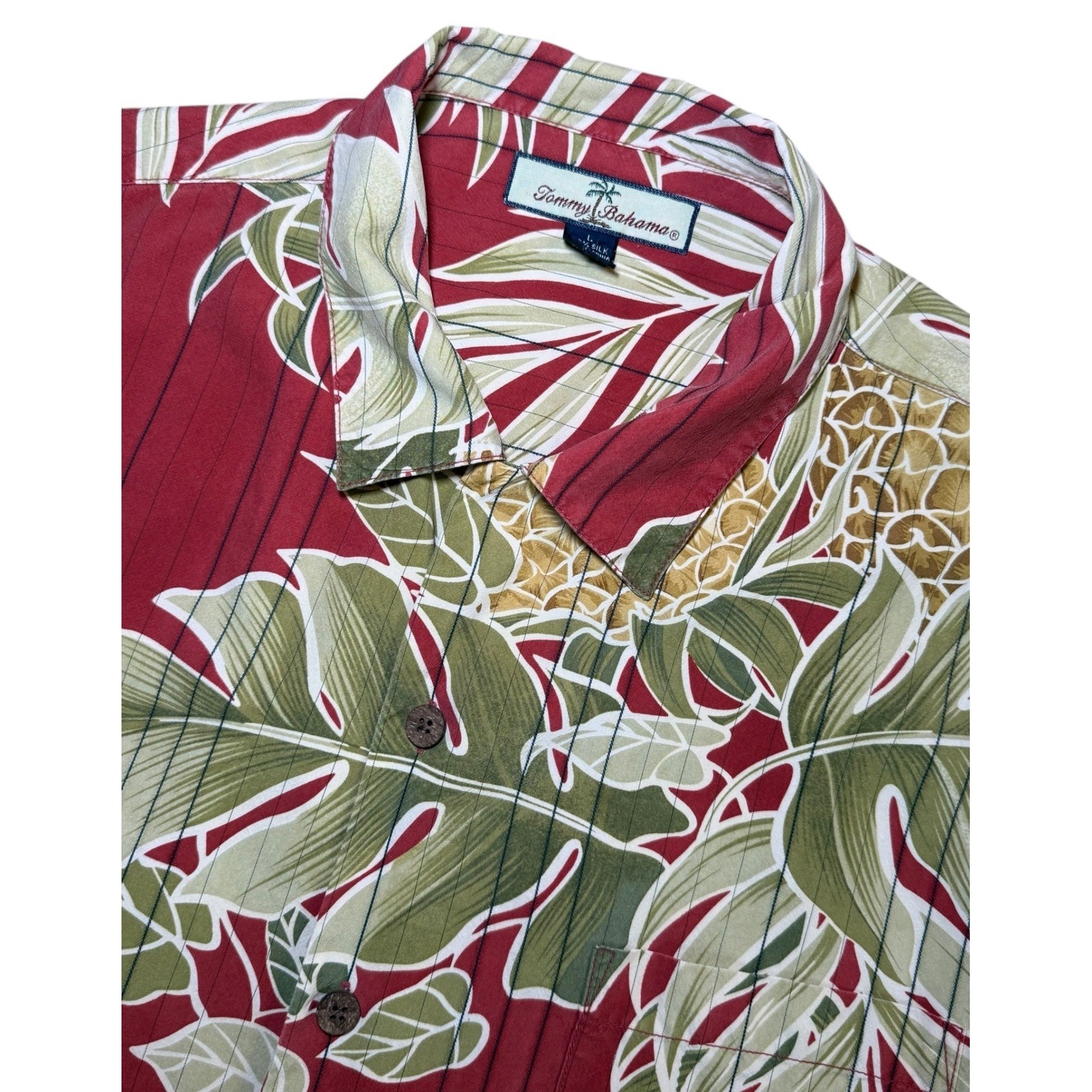 Tommy Bahama Men's L Silk Hawaiian Shirt Red Pineapple Tropical Button Down S/S