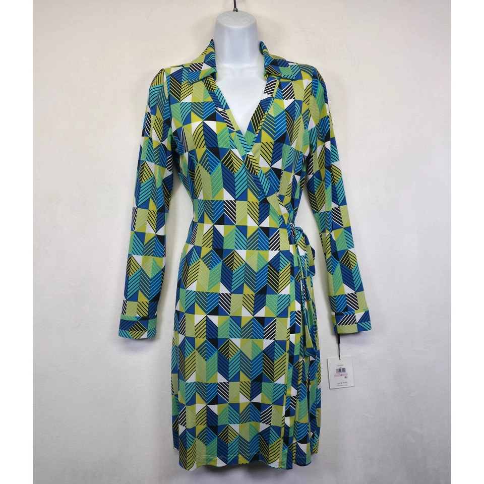 Vestido envolvente Calvin Klein para mujer 6 verde azul geométrico elegante estructurado preppy Foto 2 de 4
