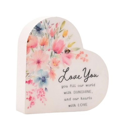Mantel Heart Plaque 6.5cm with Love you Wording and Floral Design in Gift Bag
