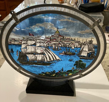 Vintage Sailing Ship Oval Stained Glass w Stand 10"x8"
