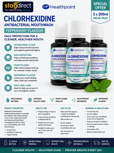 3x Healthpoint Chlorhexidine Antibacterial Mouthwash , Peppermint Flavour