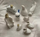 9 Vintage AVON Milk Glass Decanters Dog Cat Coach Partridge Pipe Swan EUC
