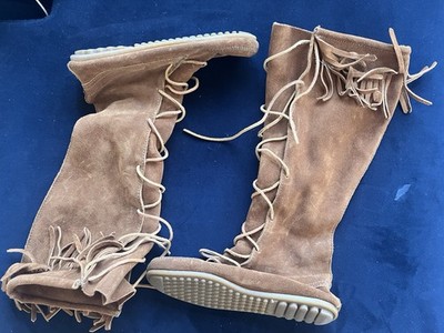Minnetonka Knee High Brown Suede Fringe Lace-Up Western Boots Women's Size 8