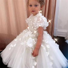 White Flower Girl Dresses Lace 3D Floral Appliques Puffy Ball Gown