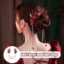 Chinese Style Fairy Tassel Hair Clip Earrings Sets Women Wedding Accessories