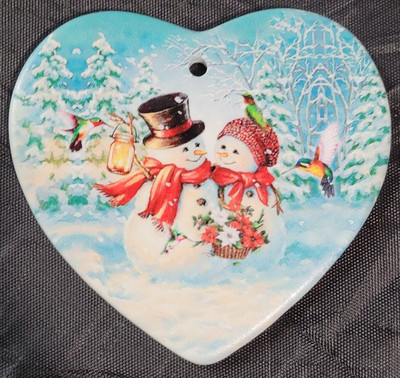 Snowman Couple heart-shaped Christmas ornament (v. nice)
