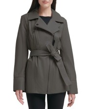 DKNY Womens Asymmetrical Belted Leather Jacket Grey Size S