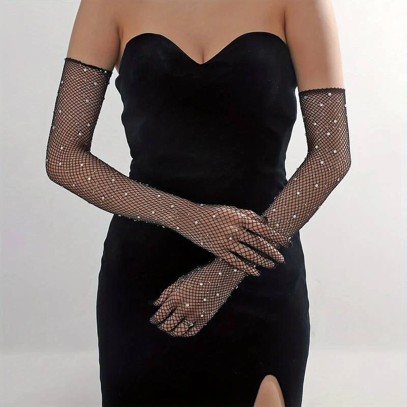 Guanti Opera Lunghi al Gomito Neri in Rete Trama Maglia Fine + Cristalli Strass - Immagine 4 di 4