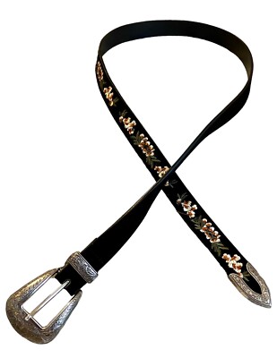 WESTERN BLACK FAUX SUEDE BELT, FLORAL EMBROIDERY, ETCHED  display picture 2