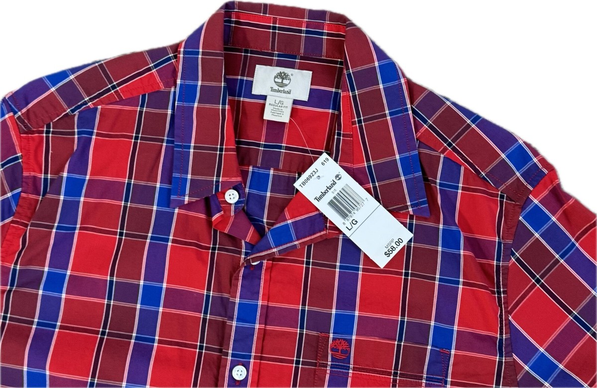 ｔ TIMBERLAND MEN'S RED/BLUE PLAID SHORT SLEEVE SHIRTS Sz. L. 6923J
