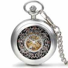 Classic Carved Transparent Mechanical Skeleton Roman Dial Pocket Watch Necklace