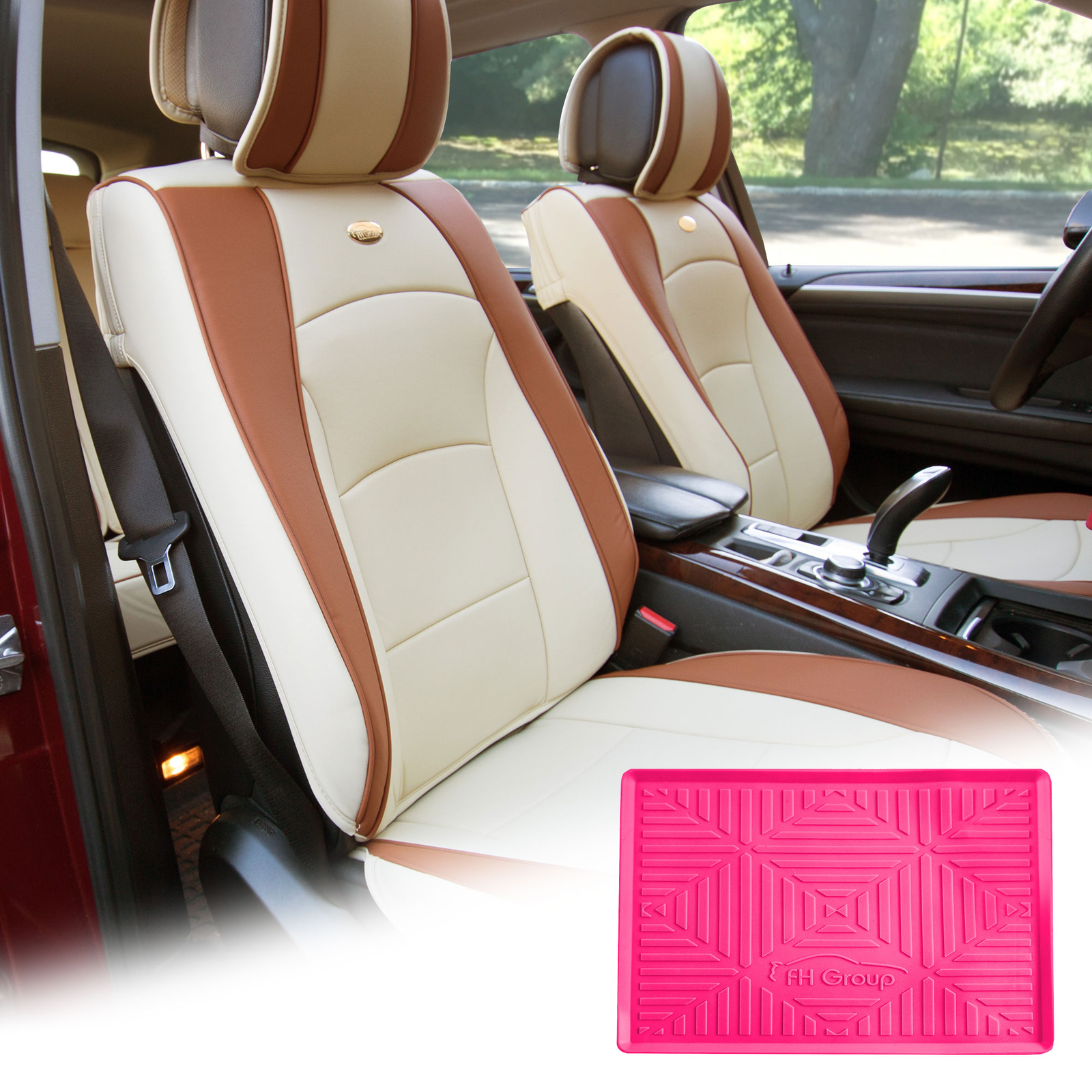 Car Leatherette Seat Cushion Covers Front Bucket Beige w/ Dash Mat For SUV