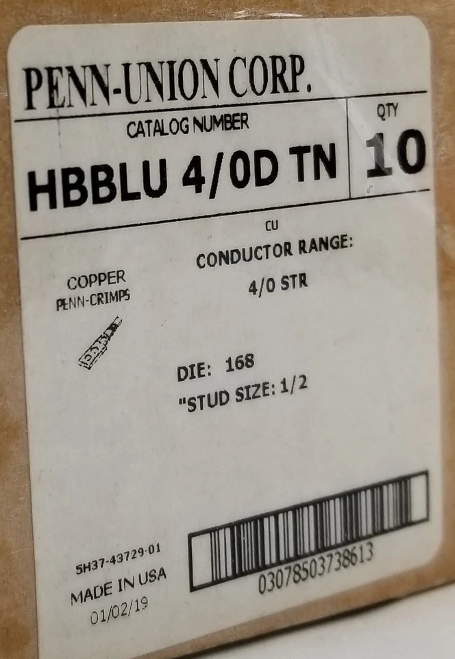 10 Penn-Union HBBLU 4/0D-TN 2Hole Copper Compression Lug Connector 4/0AWG NEW - Image 3 of 4