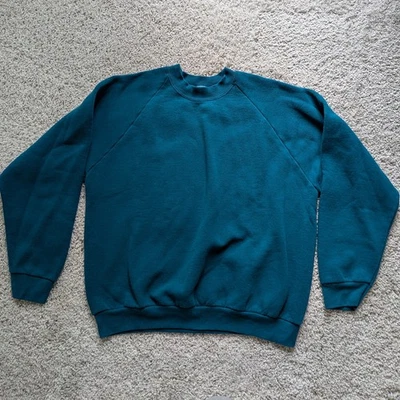Sudadera vintage Fruit of the Loom verde azulado cuello redondo blanco raglán componentes EE. UU. L - Imagen 1 de 4