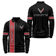 Custom Name Men's Corvette C8 Logo Racing Red Black Polo Long Sleeve Shirt S-5XL
