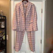 Component Women's 2pc Lined Pink Blue Plaid Pant Suit Set Notch Lapel M