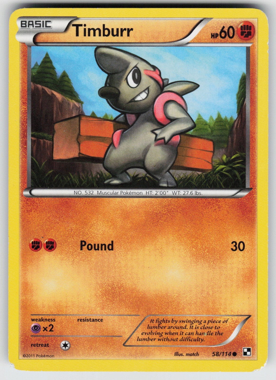 TIMBURR 58/114 Black & White Base Pokemon Common MP