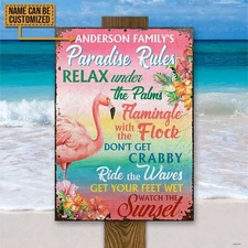 Custom Flamingo Paradise Rules Metal Sign Tropical Pool Bar, Patio, Tiki Decor