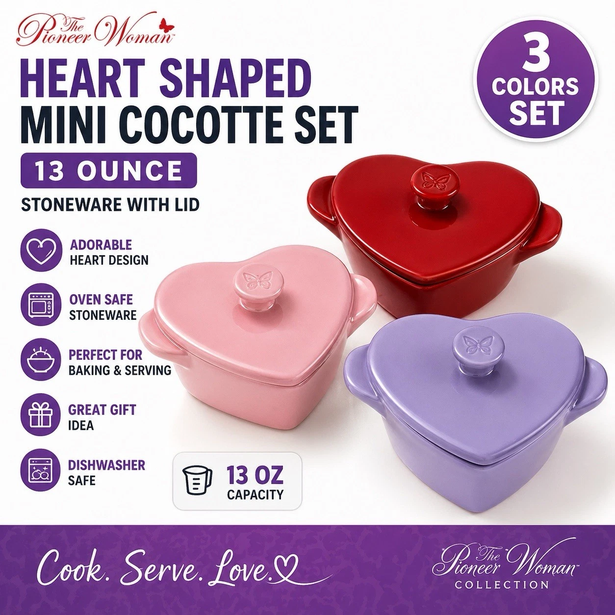 Pioneer Woman Heart Cocotte 13oz Mini Dutch Oven Set Pink Red Purple