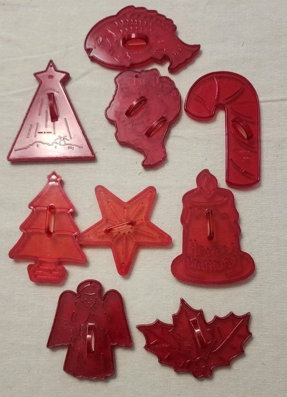 Lot of 9 - Vintage Red Plastic Christmas Cookie Cutters - Mostly HRM