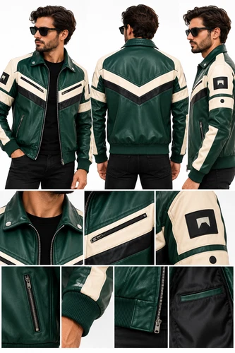 Mens Green White Genuine Cowhide Leather Jacket Retro Biker Racing Bomber Coat image 3