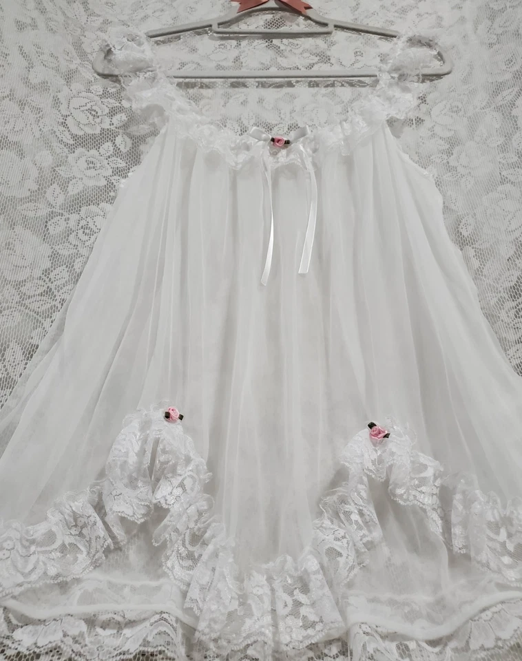 🤍 DE COLECCIÓN BABYDOLL CHiFON DE NAILON TRANSPARENTE EN CAPAS CON LAZOS DE ENCAJE CON VOLANTES FRiLLY ROSETAS Foto 2 de 4
