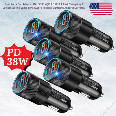 PD 38W Dual Ports Universal Phone Car Fast Charger Adapter USB-C+USB-A Plug Lot