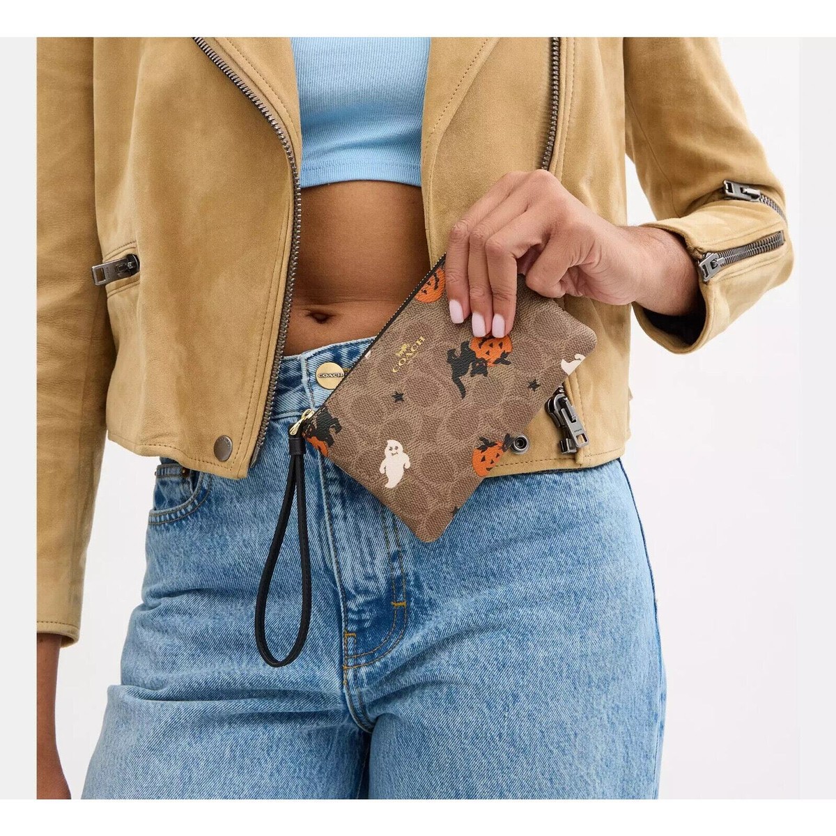 COACH Corner Zip Wristlet Signature Canvas Halloween Print Ghost