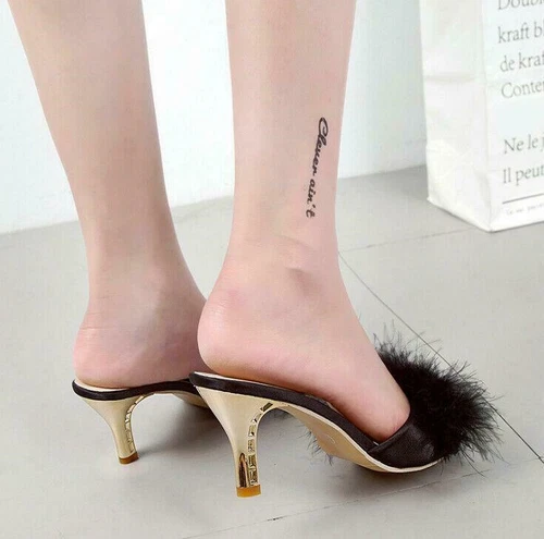 Damen High Heels Hausschuhe Flauschig Fell Peeptoe Stiletto Party Schuhe Pantoletten Sandalen - Bild 7 von 27