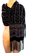 VTG Black Burn Out Design Lined Rayon/Silk Fringe Scarf 74" L x 13" W