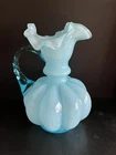 Fenton Aqua Blue Melon Vase with Handle 6” Tall.