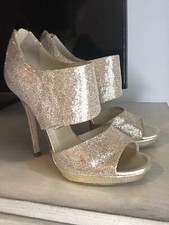 JIMMY CHOO Gold Glitter Sparkle Fabric Peep Toe Platform Bootie 36.5