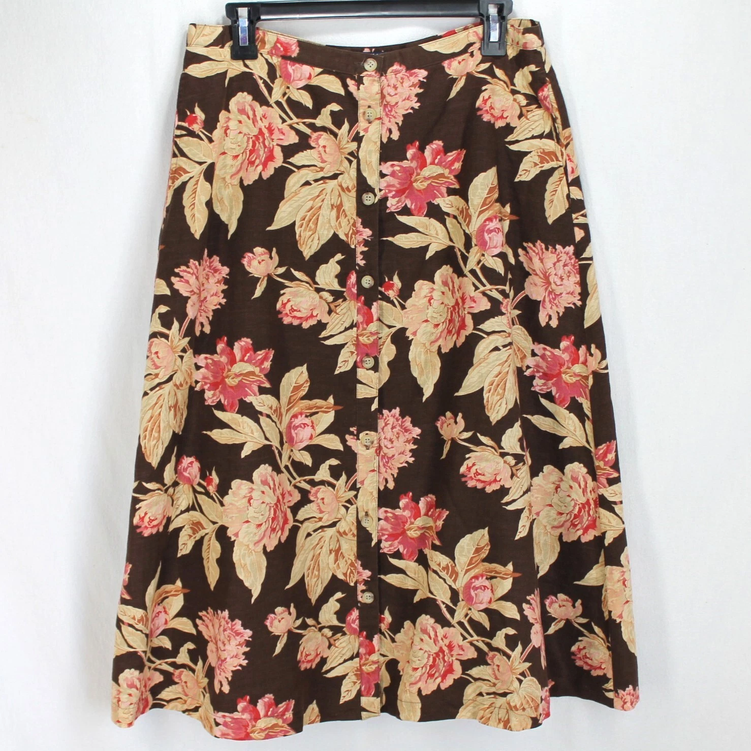 Chaps Linen Blend Midi Skirt Womens Sz 8 Blrown Pink Floral Button Front A Line