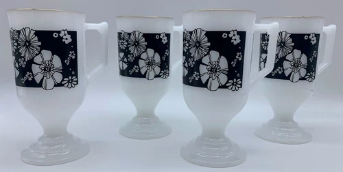 Set of 4 Vintage MCM Footed Milk Glass Handled Mugs Black White Floral Pattern