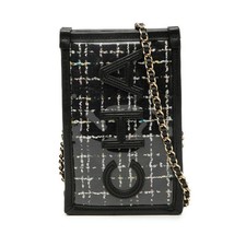 Chanel Logo Tweed Chain Shoulder Bag Phone Case Black Vinyl Leather r0 0401