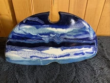 Unique Art Pottery Slit Vase Boho Signed Blue Shades Of Ocean Waves