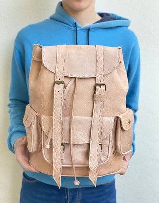 Handcrafted Genuine Leather Backpack   Natural Cream Leather