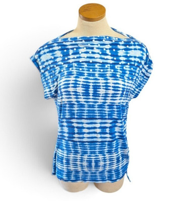 Ruby Rd Womens L Blue White Tie Dye Embellished Ruched Side Stretch Top