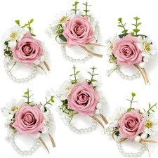 6 PCS Pink Rose Wrist Corsage for Wedding, Corsage for Prom Homecoming Party