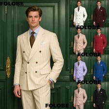Wide Peak Lapel Men's Suits 2Pcs Double Breasted Coat Striped Business Workwear