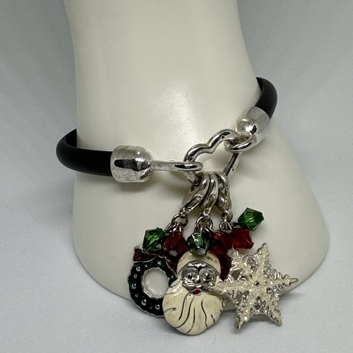 Black Rubber Interchangeable Christmas Charm Bracelet Santa Wreath Snowflake - Picture 2 of 5
