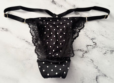 Victoria's Secret V String Panty Black Dot Lace Trim Adjustable Sides S M L XL