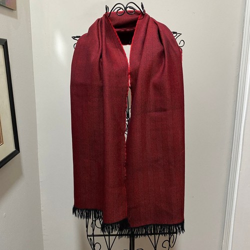 Red and Black Herringbone Woven Scarf Black Fringe Wide Width - Picture 5 of 6