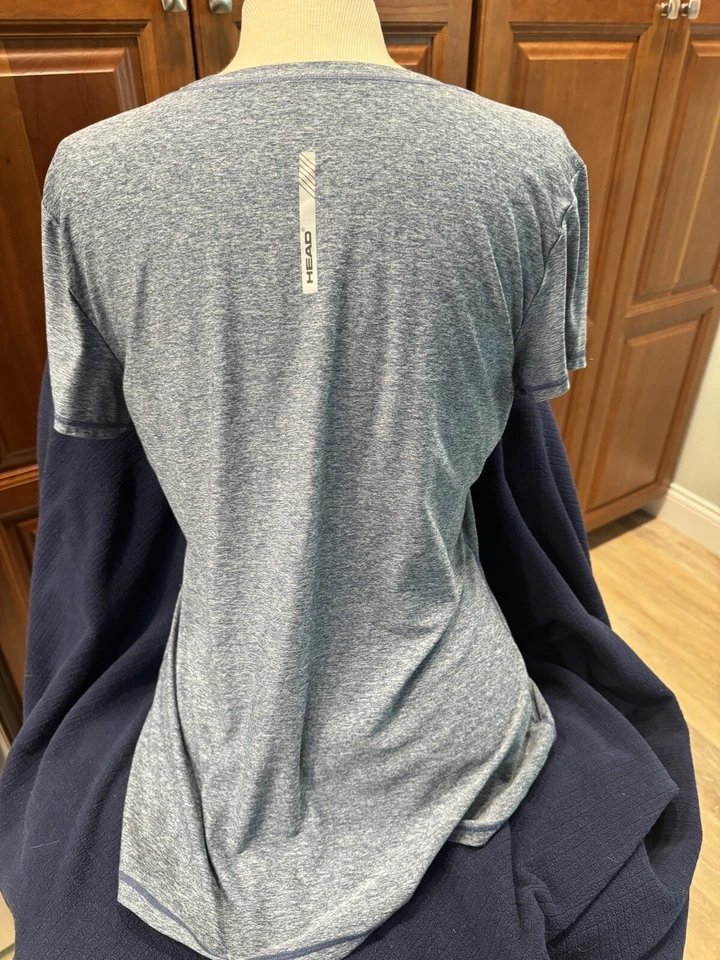 Top de tenis Head atlético para mujer talla LG azul manga corta cuello en V calce ajustado Foto 2 de 4