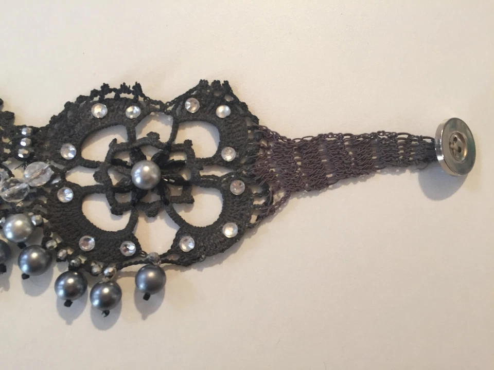 choker jewelry woman necklace gray collier macramè embroidered collar grey pearl - Image 4 of 4