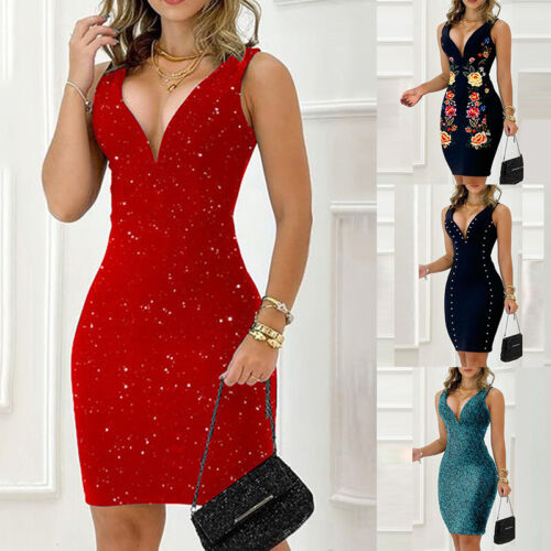 Womens V Neck Floral Mini Dress Sexy Bodycon Ladies Evening Cocktail Party Gown^ Thumbnail Picture